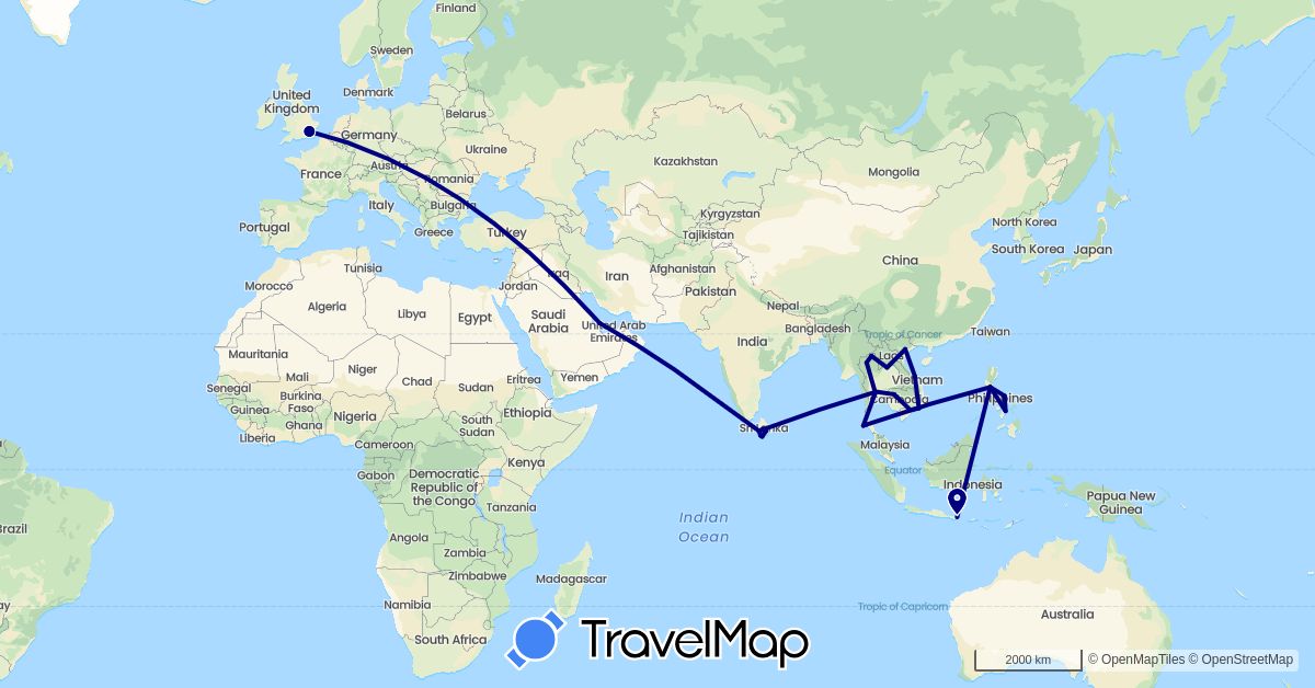 TravelMap itinerary: driving in United Kingdom, Indonesia, Cambodia, Laos, Sri Lanka, Philippines, Qatar, Thailand, Vietnam (Asia, Europe)
